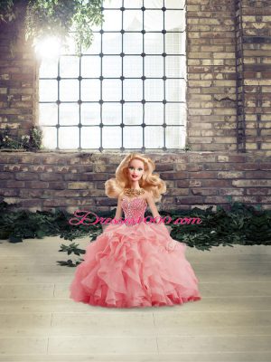 Stylish Lace Up 15th Birthday Dress Watermelon Red for Military Ball and Sweet 16 and Quinceanera with Beading and Ruffles Brush Train