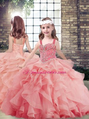 Stylish Lace Up 15th Birthday Dress Watermelon Red for Military Ball and Sweet 16 and Quinceanera with Beading and Ruffles Brush Train