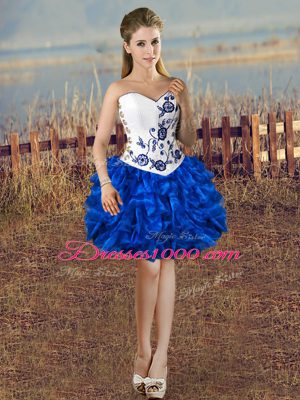 High Quality Blue And White Sweetheart Lace Up Embroidery and Ruffles Prom Evening Gown Sleeveless