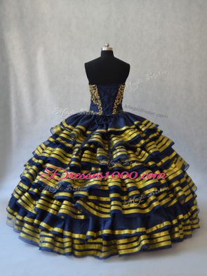 Navy Blue Sweetheart Neckline Embroidery and Ruffled Layers 15th Birthday Dress Sleeveless Lace Up