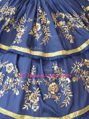 Navy Blue Sweetheart Neckline Embroidery and Ruffled Layers 15th Birthday Dress Sleeveless Lace Up