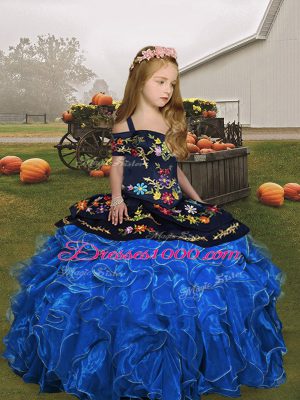 Discount Organza Straps Sleeveless Lace Up Embroidery and Ruffles Custom Made Pageant Dress in Blue