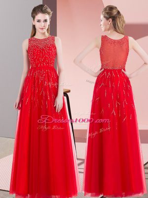 Floor Length Red Prom Gown Scoop Sleeveless Side Zipper