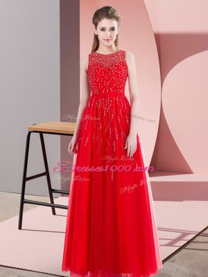 Floor Length Red Prom Gown Scoop Sleeveless Side Zipper