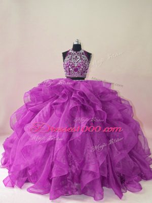 Edgy Sleeveless Brush Train Beading and Ruffles Backless Quinceanera Gowns