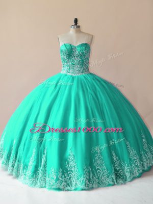 Free and Easy Tulle Sweetheart Sleeveless Lace Up Embroidery Quince Ball Gowns in Turquoise