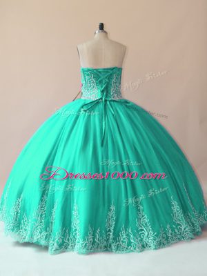 Free and Easy Tulle Sweetheart Sleeveless Lace Up Embroidery Quince Ball Gowns in Turquoise