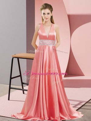 Customized V-neck Sleeveless Pageant Gowns Brush Train Beading Watermelon Red Elastic Woven Satin