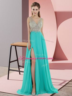 Turquoise Chiffon Zipper Prom Gown Sleeveless Sweep Train Beading