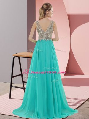 Turquoise Chiffon Zipper Prom Gown Sleeveless Sweep Train Beading