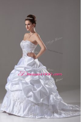 Classical White Taffeta Lace Up Wedding Gowns Sleeveless Brush Train Beading and Embroidery and Pick Ups