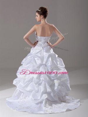 Classical White Taffeta Lace Up Wedding Gowns Sleeveless Brush Train Beading and Embroidery and Pick Ups