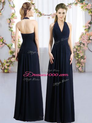Empire Bridesmaids Dress Navy Blue Halter Top Chiffon Sleeveless Floor Length Lace Up