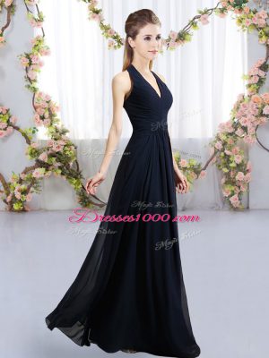 Empire Bridesmaids Dress Navy Blue Halter Top Chiffon Sleeveless Floor Length Lace Up