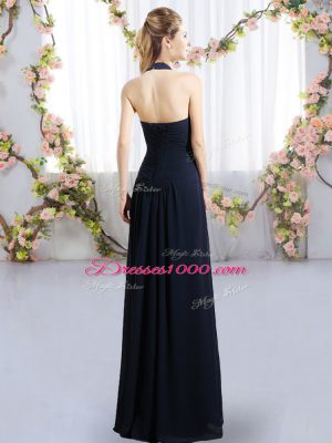 Empire Bridesmaids Dress Navy Blue Halter Top Chiffon Sleeveless Floor Length Lace Up