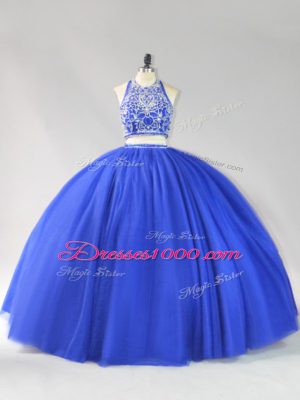 Royal Blue Tulle Backless Sweet 16 Quinceanera Dress Sleeveless Floor Length Beading
