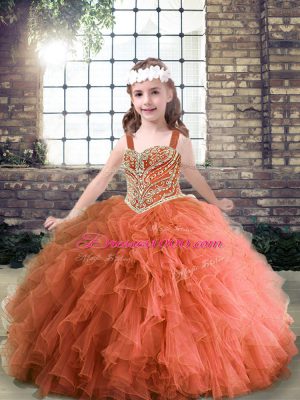 Rust Red Lace Up Pageant Gowns For Girls Beading and Ruffles Sleeveless Floor Length