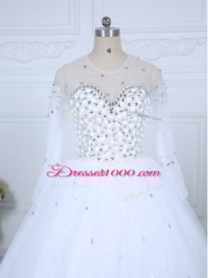 Luxury Beading Bridal Gown White Lace Up Long Sleeves Floor Length