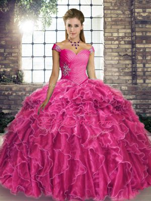 Fantastic Fuchsia Ball Gowns Organza Off The Shoulder Sleeveless Beading and Ruffles Lace Up 15 Quinceanera Dress Brush Train