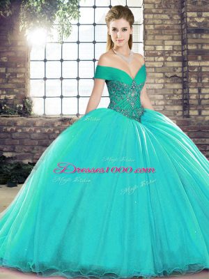 Elegant Beading 15 Quinceanera Dress Turquoise Lace Up Sleeveless Brush Train