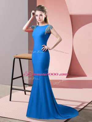 Elastic Woven Satin High-neck Short Sleeves Brush Train Backless Beading Prom Party Dress in Blue