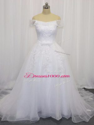 White Wedding Dresses Off The Shoulder Sleeveless Court Train Lace Up