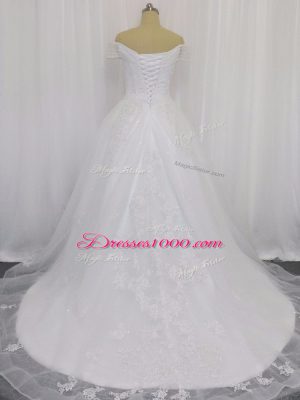 White Wedding Dresses Off The Shoulder Sleeveless Court Train Lace Up