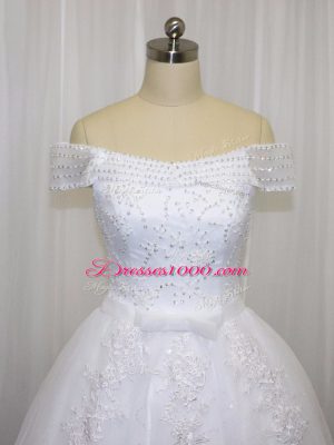 White Wedding Dresses Off The Shoulder Sleeveless Court Train Lace Up