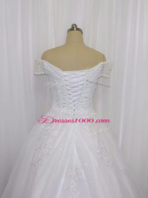 White Wedding Dresses Off The Shoulder Sleeveless Court Train Lace Up