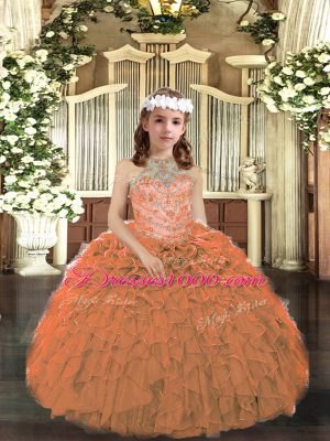 Luxurious Floor Length Ball Gowns Sleeveless Orange Pageant Dress Lace Up