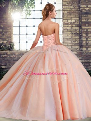 Sleeveless Brush Train Beading Lace Up Sweet 16 Dresses