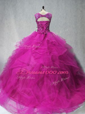 Cheap Beading and Ruffles Sweet 16 Quinceanera Dress Fuchsia Lace Up Sleeveless Brush Train