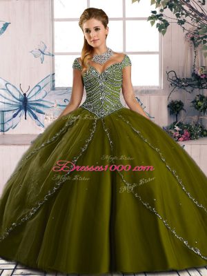 Custom Design Olive Green Sweet 16 Dress Sweet 16 and Quinceanera with Beading Sweetheart Cap Sleeves Brush Train Lace Up