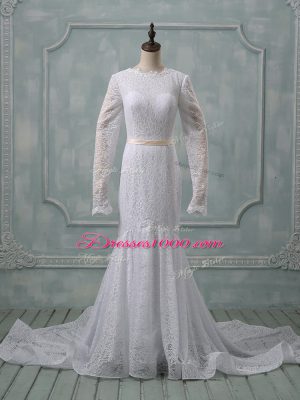 Customized White Scoop Backless Lace and Belt Wedding Gowns Court Train Long Sleeves
