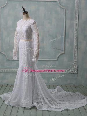Customized White Scoop Backless Lace and Belt Wedding Gowns Court Train Long Sleeves
