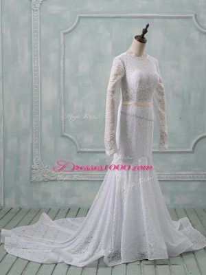 Customized White Scoop Backless Lace and Belt Wedding Gowns Court Train Long Sleeves