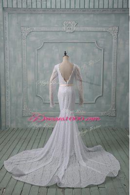 Customized White Scoop Backless Lace and Belt Wedding Gowns Court Train Long Sleeves