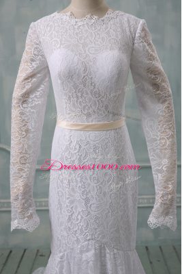 Customized White Scoop Backless Lace and Belt Wedding Gowns Court Train Long Sleeves