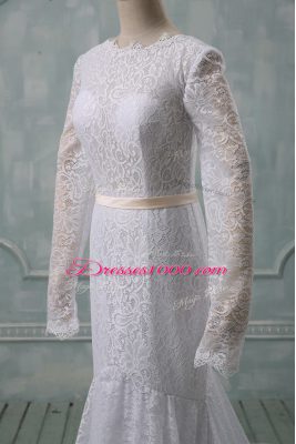 Customized White Scoop Backless Lace and Belt Wedding Gowns Court Train Long Sleeves