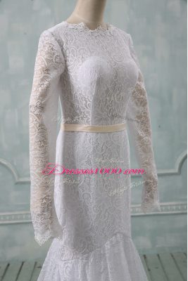 Customized White Scoop Backless Lace and Belt Wedding Gowns Court Train Long Sleeves