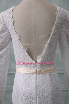 Customized White Scoop Backless Lace and Belt Wedding Gowns Court Train Long Sleeves