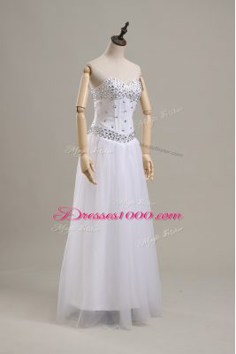 Graceful White Empire Beading Wedding Dresses Lace Up Tulle Sleeveless Floor Length