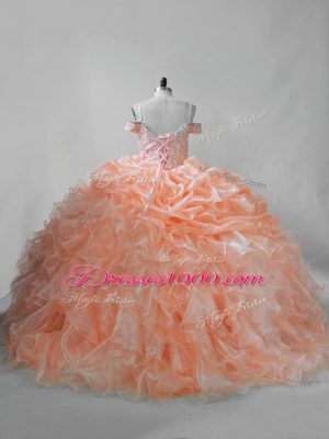 Orange Straps Neckline Beading and Ruffles and Pick Ups 15 Quinceanera Dress Sleeveless Lace Up