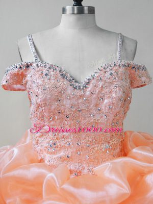 Orange Straps Neckline Beading and Ruffles and Pick Ups 15 Quinceanera Dress Sleeveless Lace Up