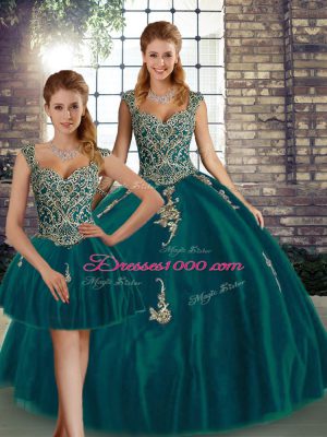 Sweet Beading and Appliques Quinceanera Gowns Peacock Green Lace Up Sleeveless Floor Length