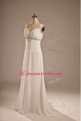 Brush Train Empire Bridal Gown White Straps Chiffon Sleeveless Lace Up