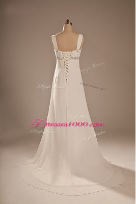 Brush Train Empire Bridal Gown White Straps Chiffon Sleeveless Lace Up