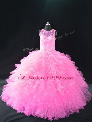 High Class Baby Pink Ball Gowns Scoop Sleeveless Organza Lace Up Beading and Ruffles Sweet 16 Dress