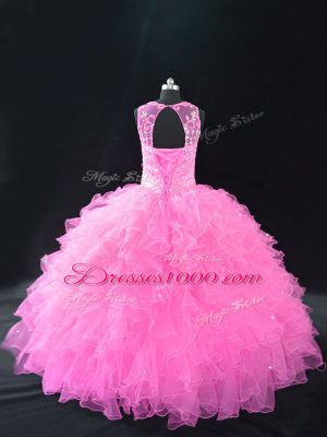 High Class Baby Pink Ball Gowns Scoop Sleeveless Organza Lace Up Beading and Ruffles Sweet 16 Dress