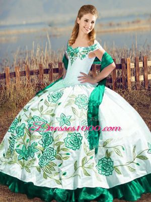 Luxurious Green Off The Shoulder Lace Up Embroidery and Ruffles Sweet 16 Dress Sleeveless